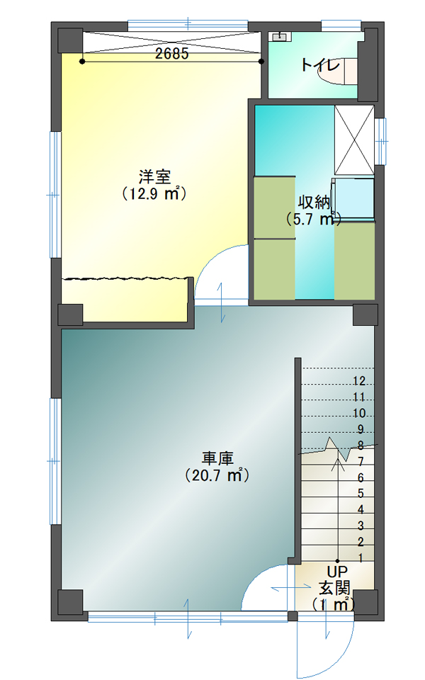 13坪の狭小住宅の間取りプラン 長方形の土地を活かしたガレージハウス 台東区 中央区の狭小住宅 リフォーム 店舗改装なら則武工務店 港区 品川区