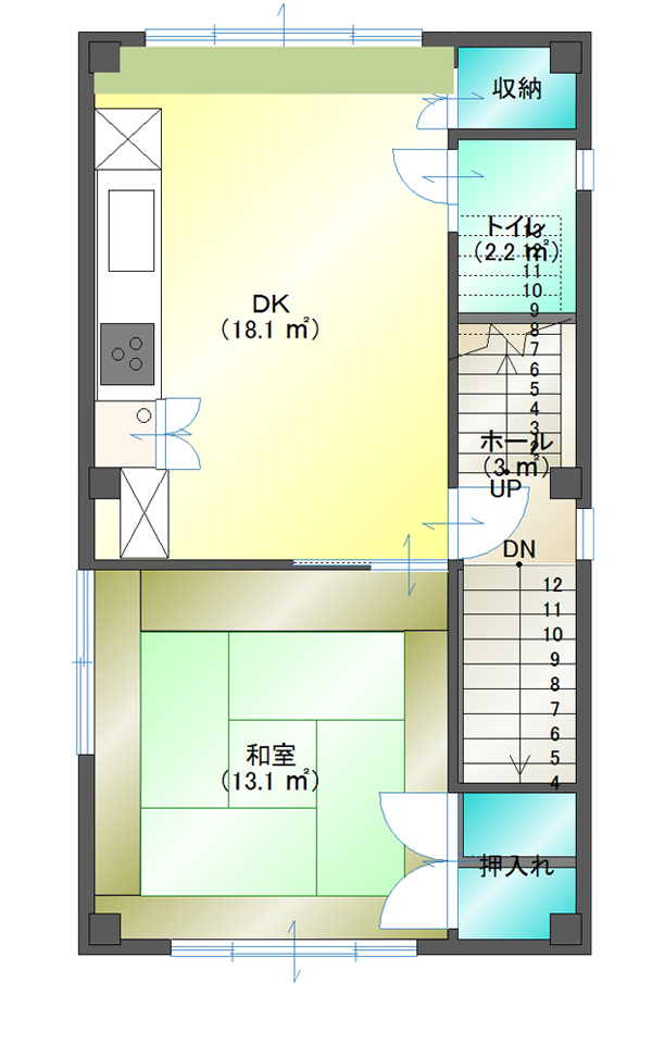 13坪の狭小住宅の間取りプラン 長方形の土地を活かしたガレージハウス 台東区 中央区の狭小住宅 リフォーム 店舗改装なら則武工務店 港区 品川区